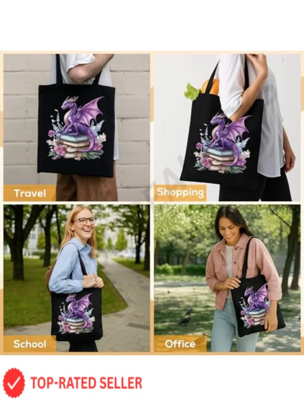 Reusable Dragon Tote Bag for Women - Canvas Shopping and Travel Bag
